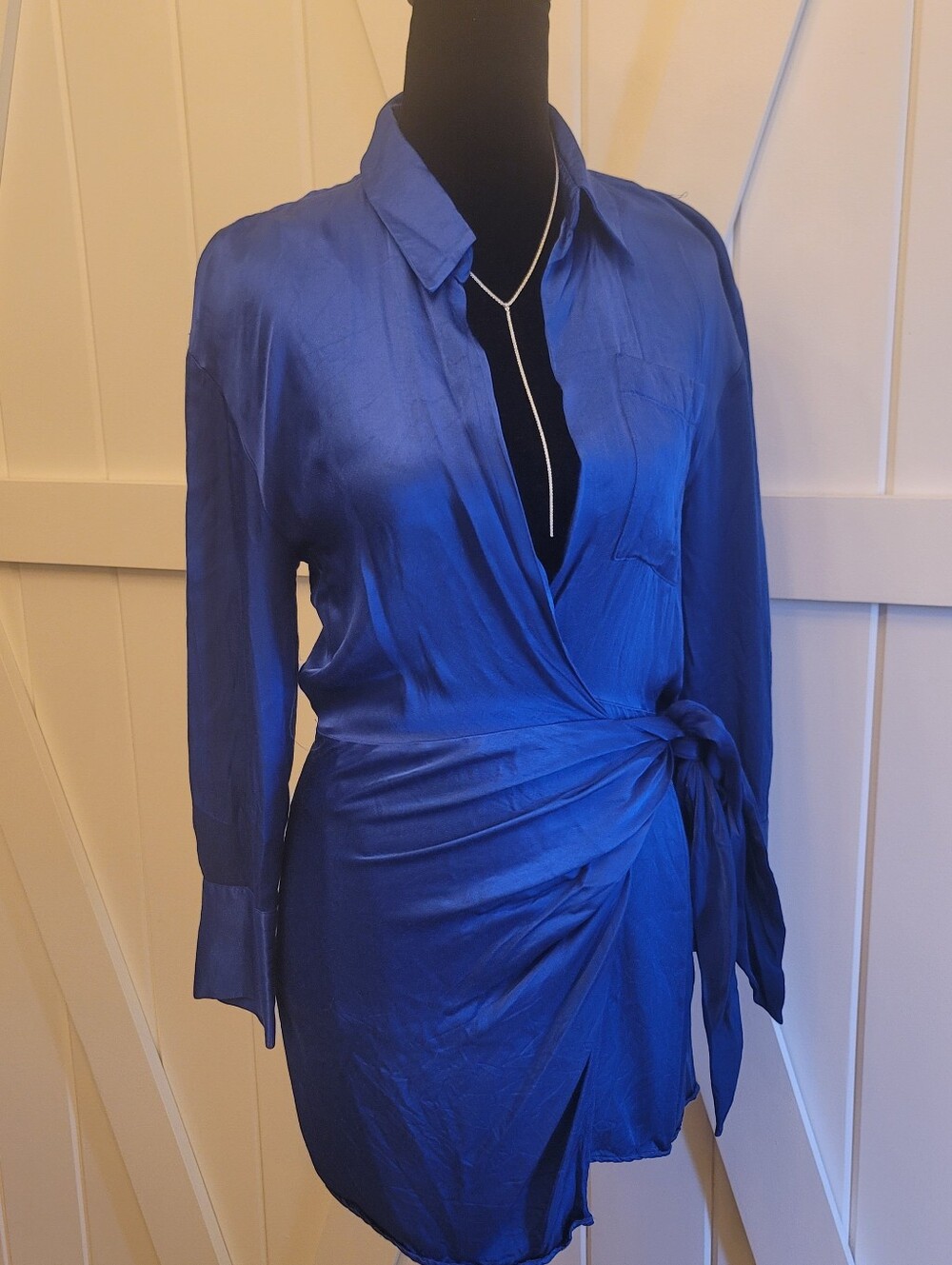 ZARA Cobalt Blue Satin Wrap Mini Dress Shirt Dress Tie Waist Long Sleeve Size S